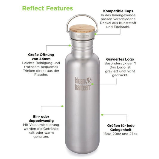 Klean Kanteen Reflect - 532ml Edelstahl Trinkflasche mit Bambusdeckel